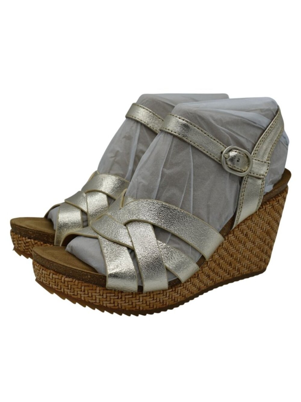 Sofft Womens 8.5 Carlana Metallic Platino Leather Strappy Wedge Sandals Shoes‎